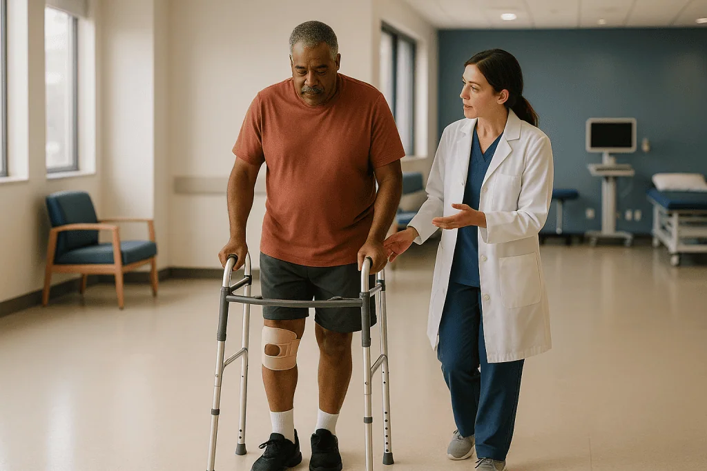Patient with knee brace walking with physical therapist: Robotic vs traditional knee replacement: what actually differs