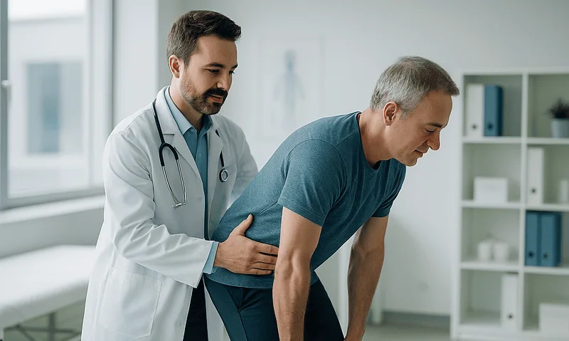 Doctor assisting patient with back pain in a clinical setting.