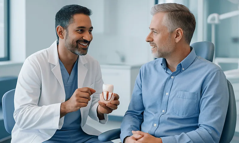 Dentist explaining root canal procedure to patient in clinic.
