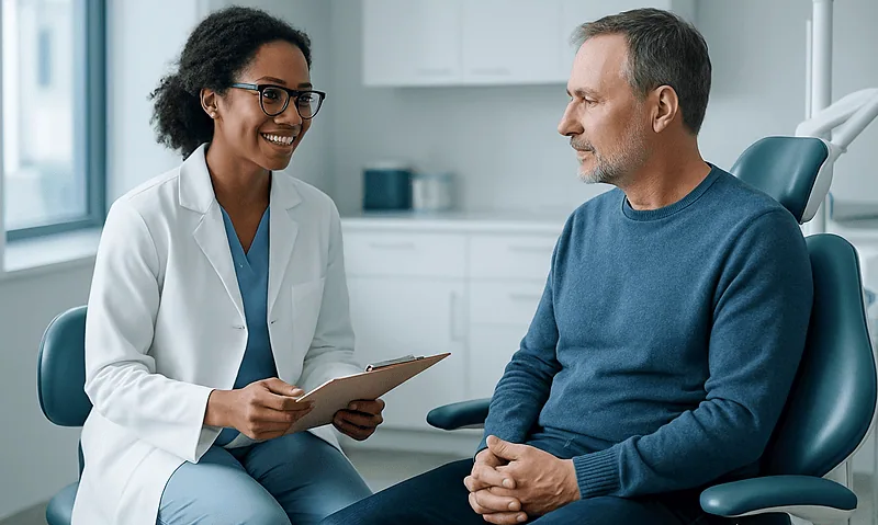 Dentist consulting with a patient in a modern dental clinic.