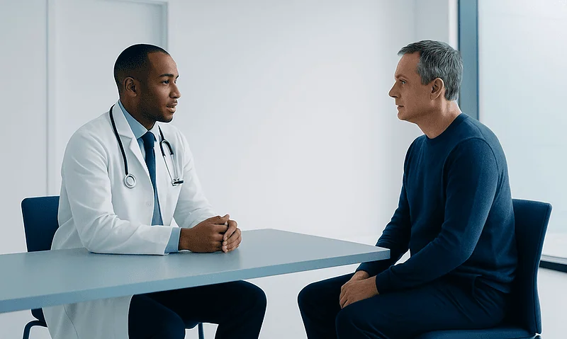 Doctor consulting with patient in a modern clinic setting.