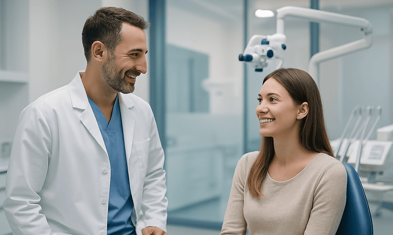 Dentist consulting with a patient in a modern dental clinic.