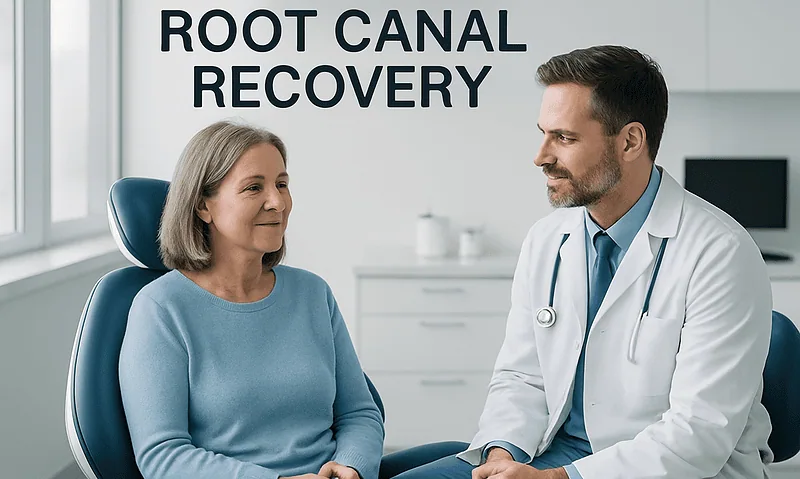 Doctor consulting with an elderly woman about root canal recovery.