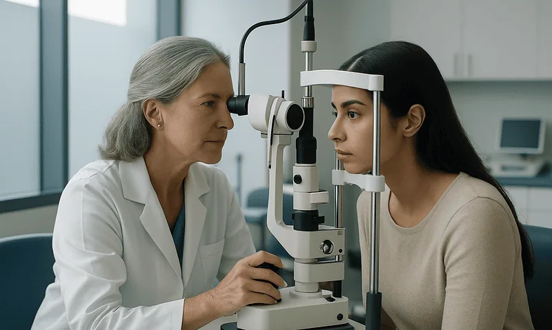 Optometrist examines patient's eye using slit lamp in clinic.