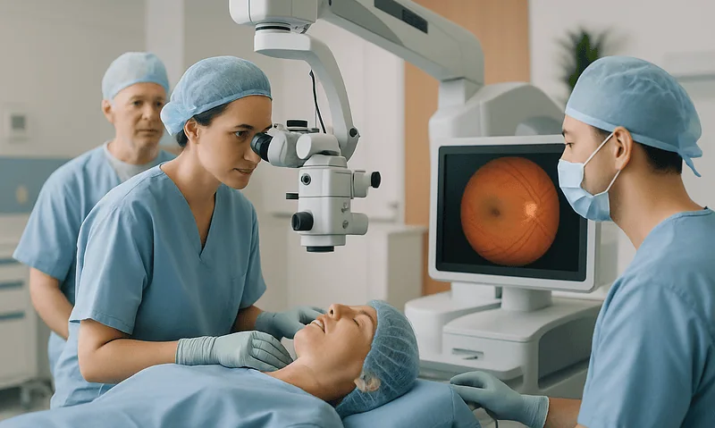 Ophthalmologist performing retinal examination with advanced equipment at Acibadem Hospital.