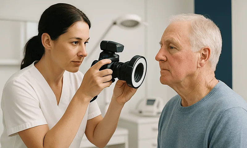 Dermatologist examining skin of elderly man with dermatoscope in clinic.