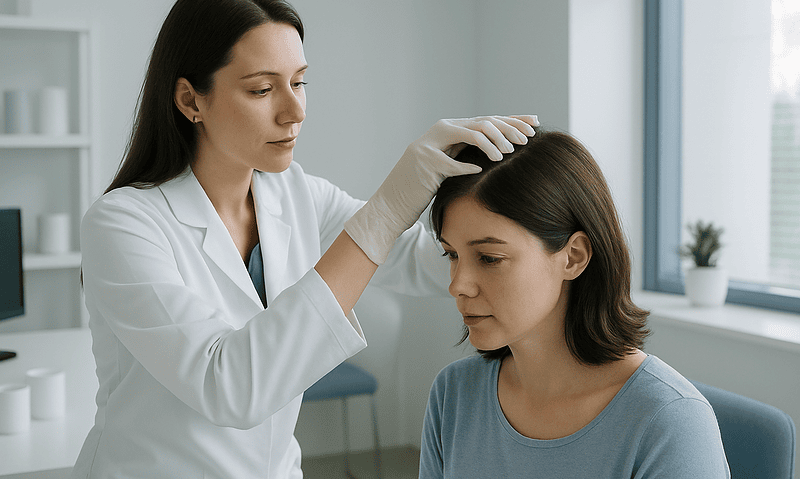 Doctor examining patient's scalp in a clinical setting.