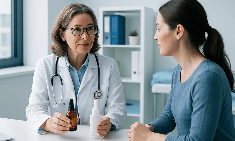 Doctor explaining hair treatment options to a patient in a clinic setting.