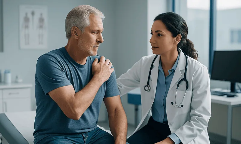 Doctor examining a patient's shoulder for rotator cuff injury.