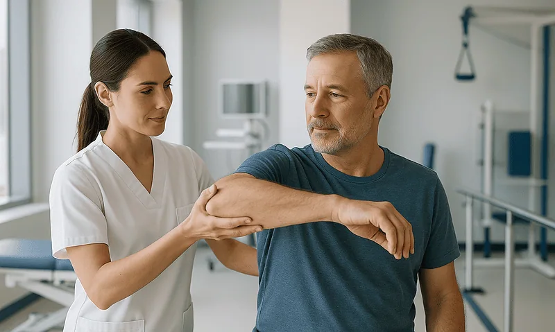 Physical therapy session for rotator cuff recovery at Acibadem Hospital.
