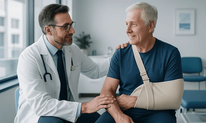 Doctor consulting with an elderly patient with arm injury in hospital.