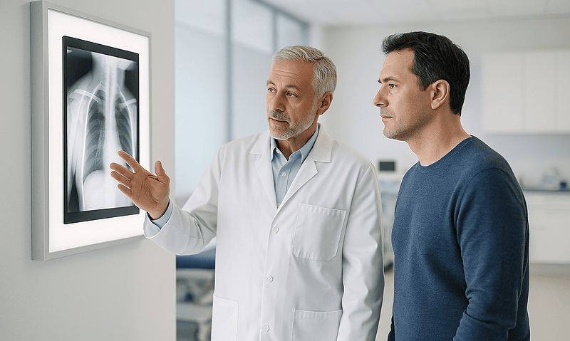 Doctor explaining X-ray results to patient in a hospital setting.