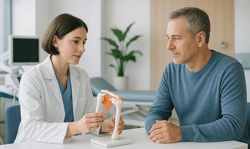 Doctor explaining rotator cuff injury to patient with shoulder model.
