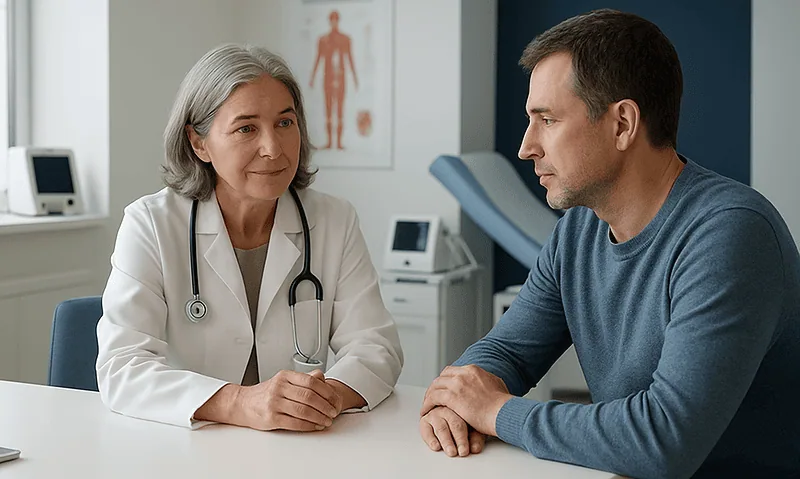 Doctor consulting with a male patient in a medical office setting.