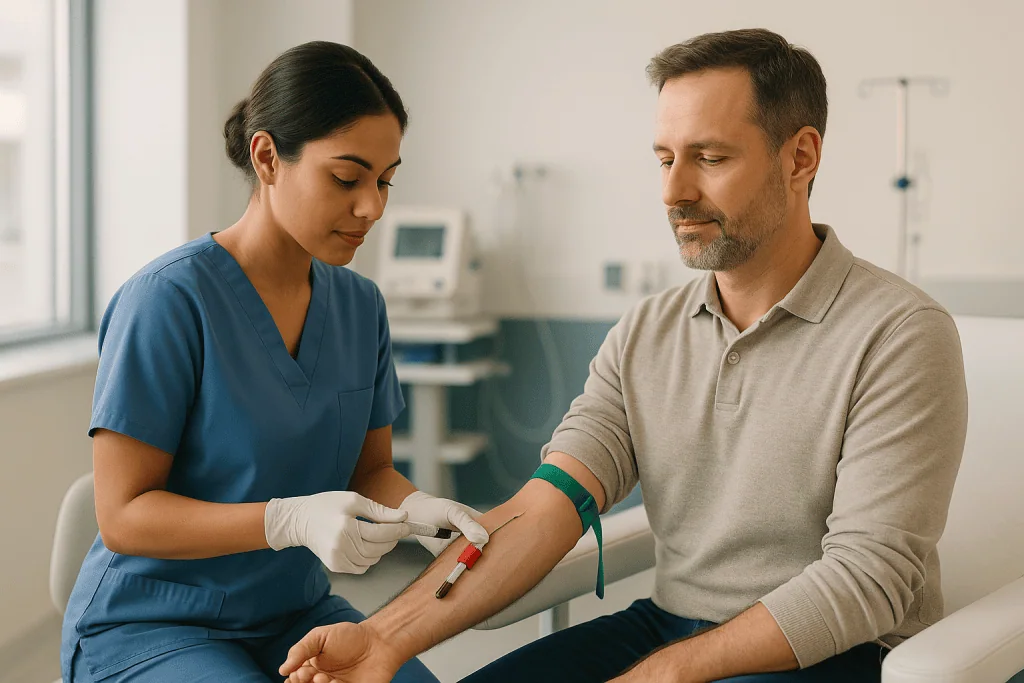 Rotavirus Infection 1 Healthcare professional drawing blood from a patient in a clinical setting.