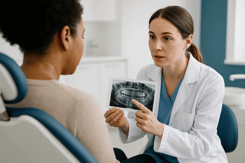Dentist discussing X-ray results with patient: Routine scaling vs. scaling and root planing: what did you have?