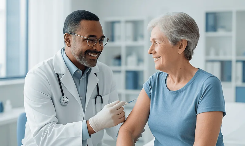 Doctor administering vaccine to an elderly woman in a clinical setting.