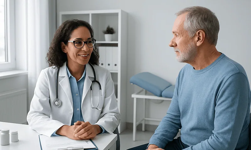 Doctor consulting with a patient about hemorrhoid treatment options.