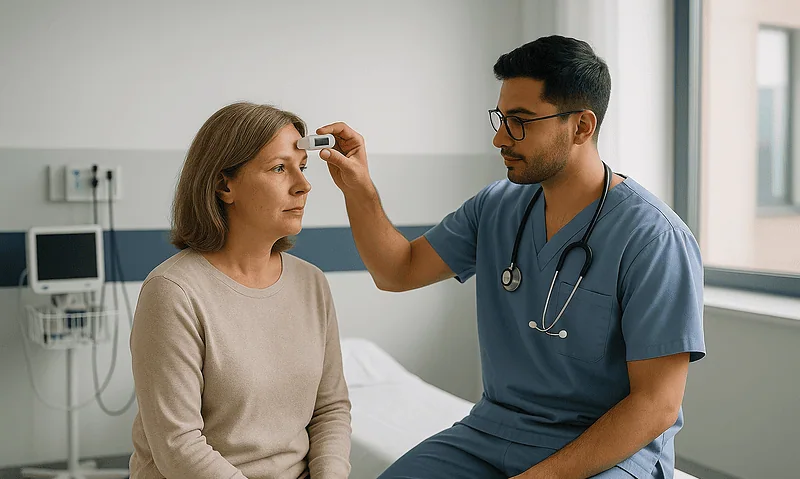 Doctor examining a patient's forehead in a hospital room.