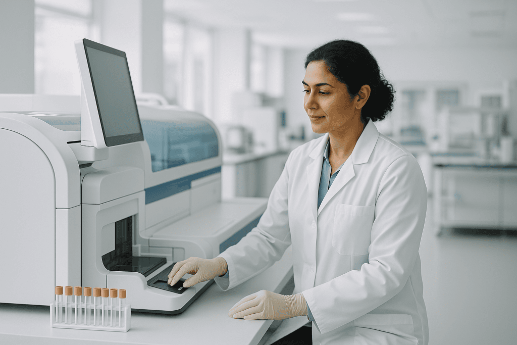 Rubella 1 Laboratory technician operating medical testing equipment at Acibadem Hospitals.