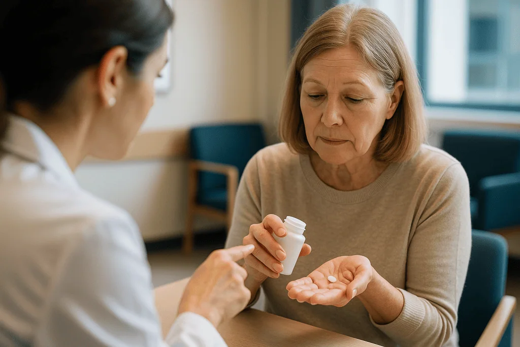 Healthcare provider giving medication pills to older patient: Rung two: how reflux medicines work and how long they are usua