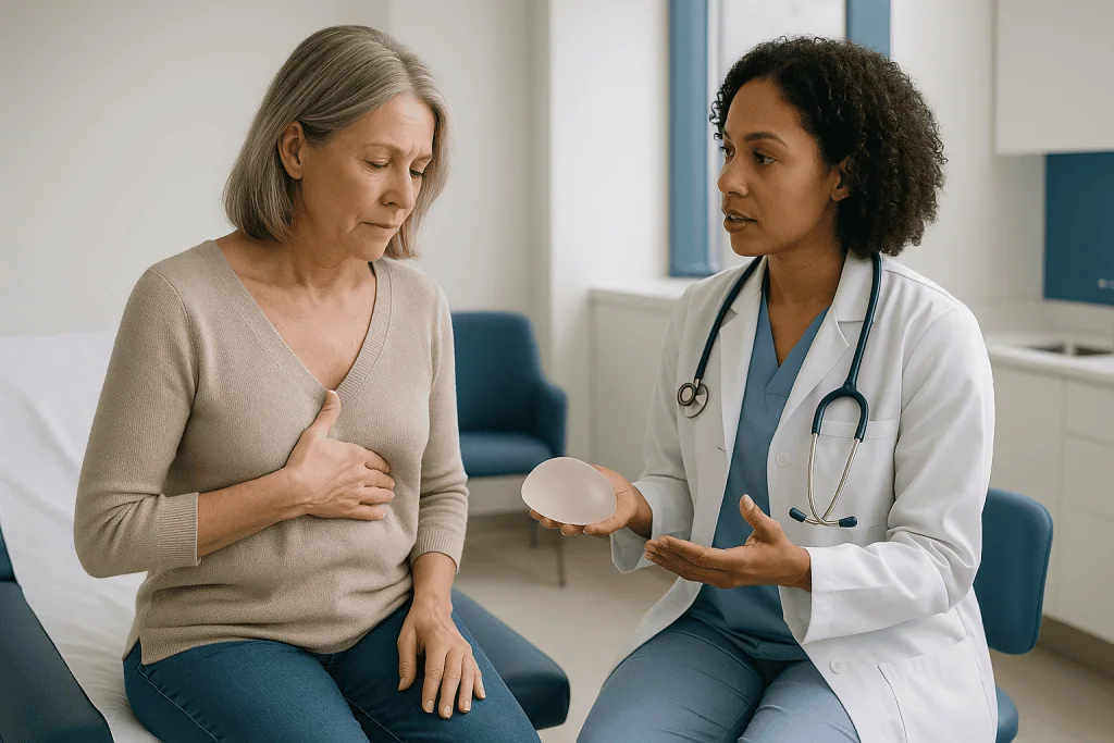 Doctor showing implant model to mature female patient: Ruptured breast implant: how it is found and what replacement involve