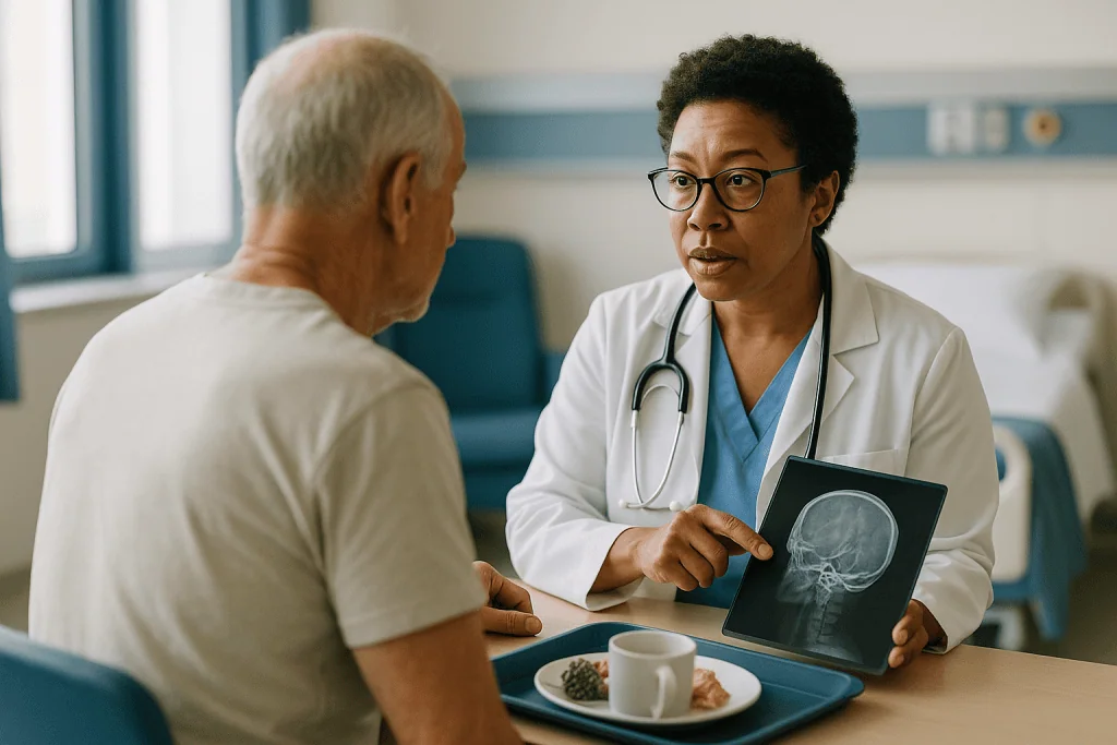 Doctor consulting senior patient with brain imaging scan: Ruptured or unruptured: why the bleed, not the tool, sets the cloc