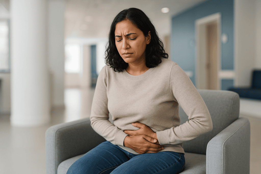 Woman experiencing acute abdominal pain while seated: Ruptured ovarian cyst symptoms: what does a cyst bursting feel like?
