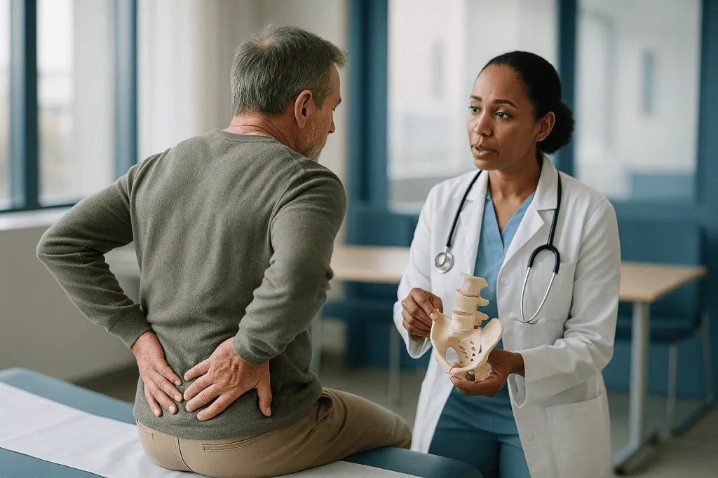 Doctor consulting patient about spine model anatomy: Sacrum Anatomy: Five Bones That Slowly Become One