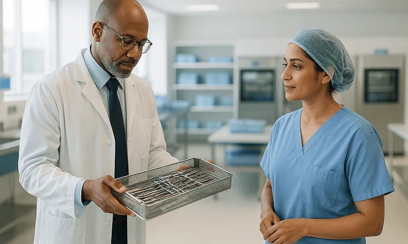 Medical professionals discussing medication disposal in a hospital setting.