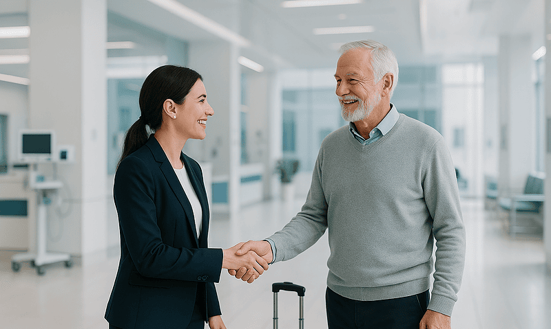 Smiling woman and senior man shaking hands at airport with luggage.