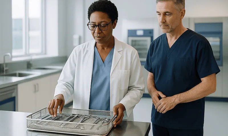 Medical professionals preparing surgical site marking in a hospital setting.