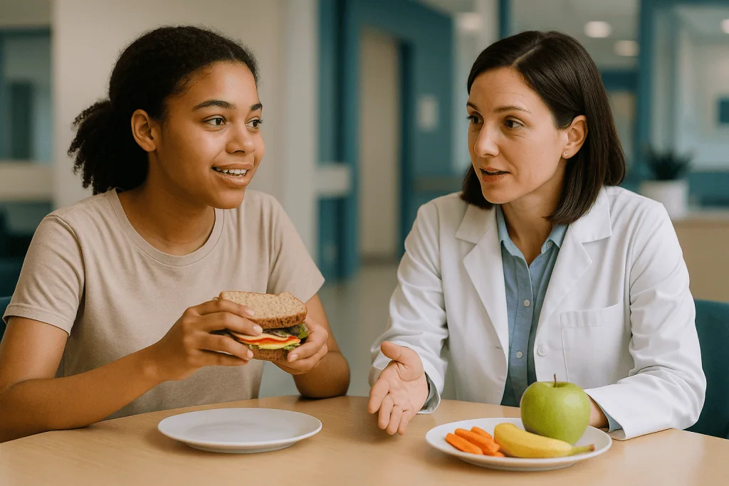 Healthcare provider discussing nutrition with young patient: Safe swaps: a table of braces-friendly alternatives