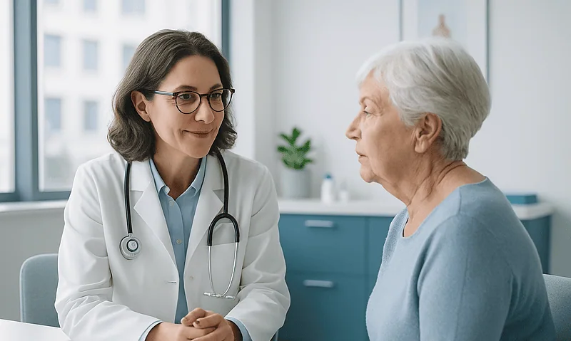 Doctor consulting elderly woman in a medical office setting.