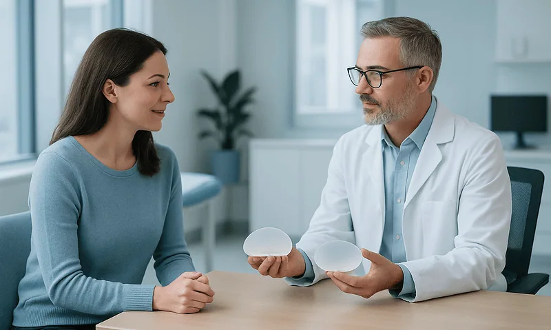 Doctor explaining saline and silicone breast implants to a patient.