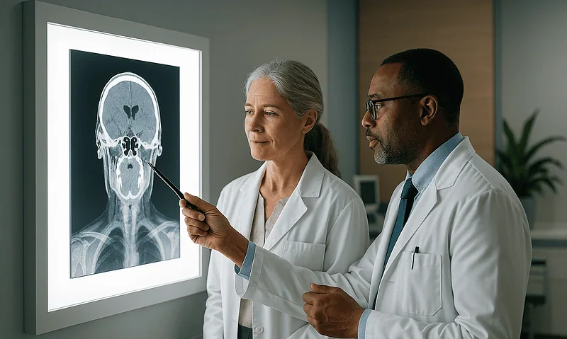 Doctors analyzing a brain scan in a medical facility.