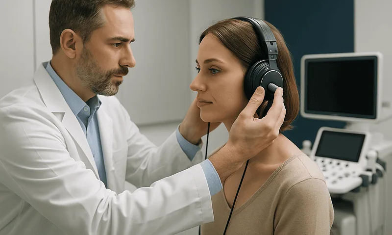 ENT specialist examining a patient's salivary glands with headphones on.