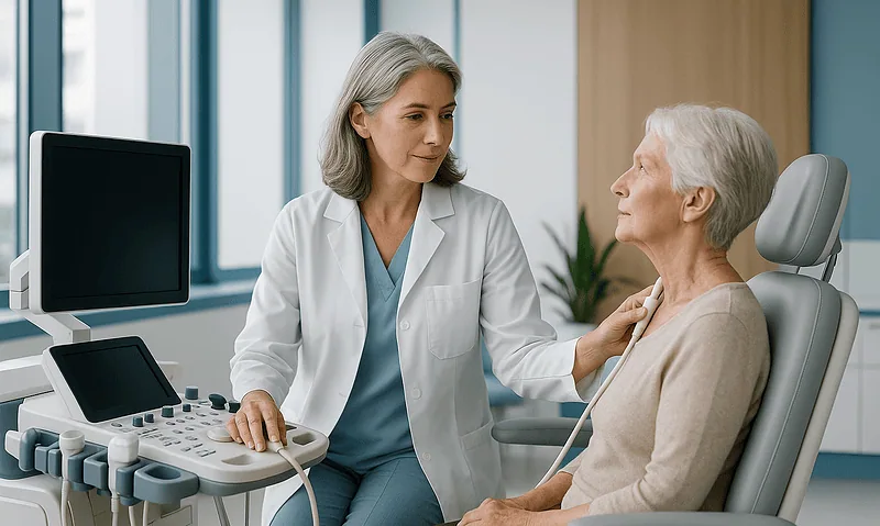 Doctor consulting with elderly patient in a modern hospital room.