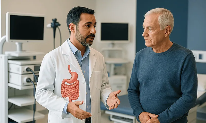 Doctor explaining gastrointestinal issues to an elderly patient in a hospital.