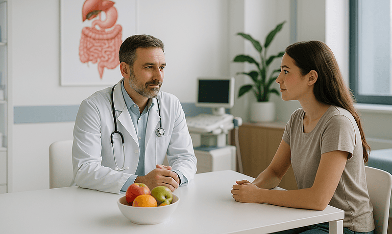 Doctor consulting with a patient in a medical office with digestive system diagram.