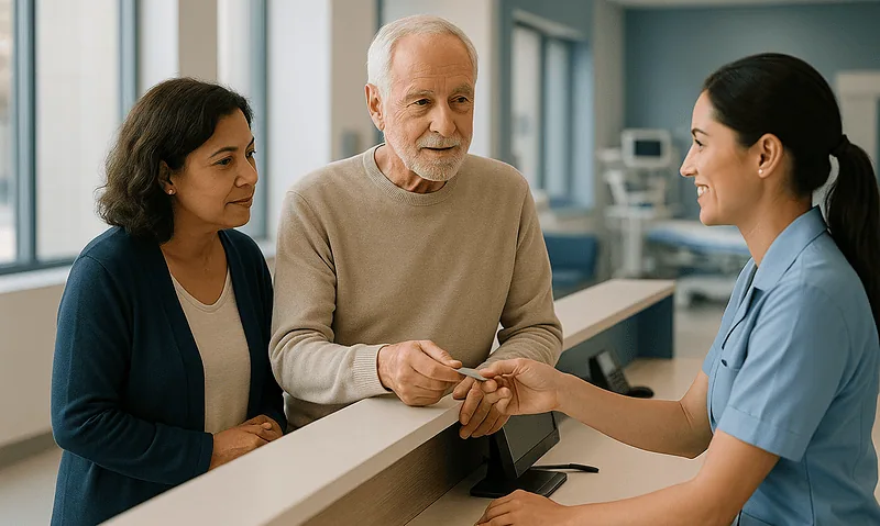 Patient receiving assistance at hospital reception desk in Turkey.