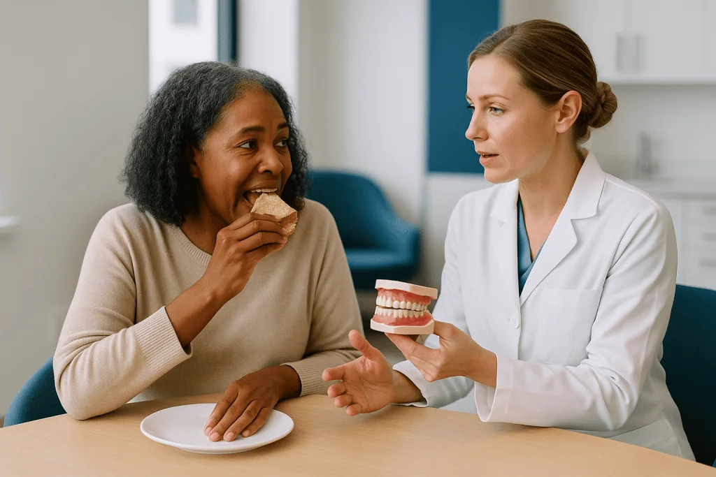 Dentist consulting patient about dental model: Same-day temporary bridge: what "teeth in a day" really means