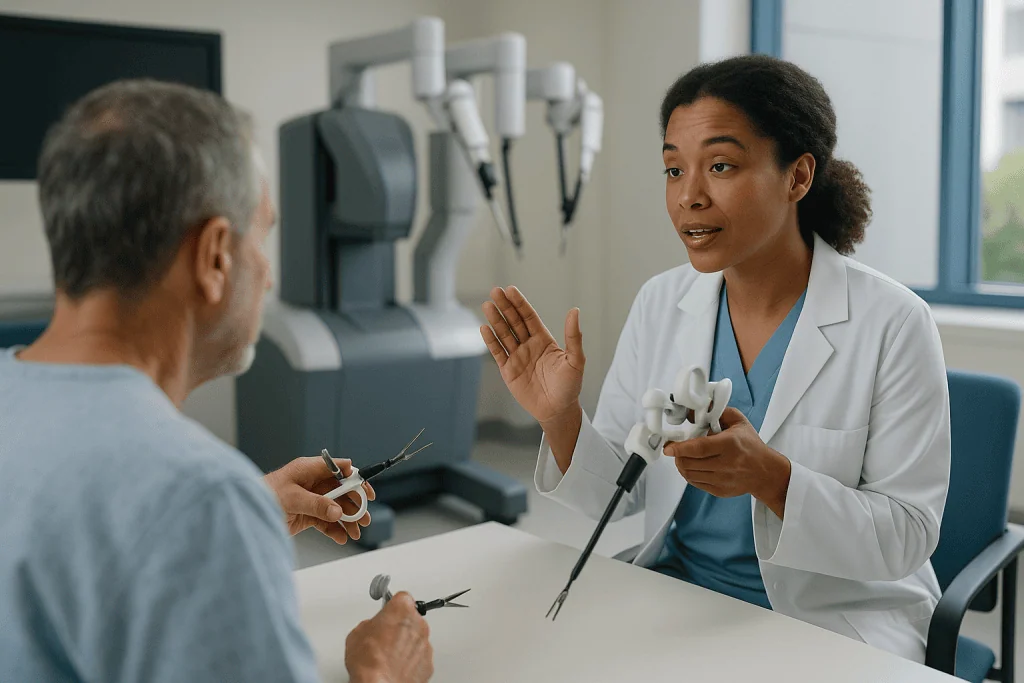 Doctor consulting patient with surgical models: Same small cuts, different hands: what changes at the instrument tip
