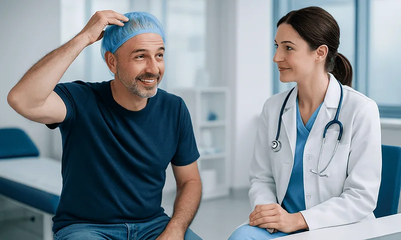 Patient with blue surgical cap smiling during consultation at Acibadem Hospital.
