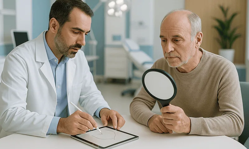 Doctor examining hair loss with a magnifying glass during consultation.