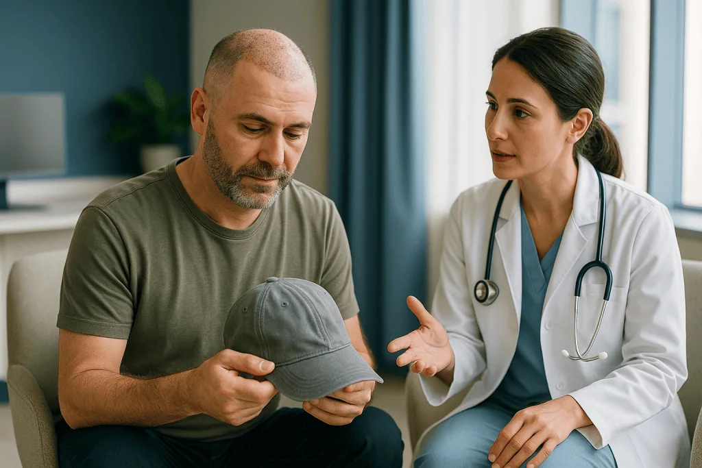 Doctor consulting male patient about a hat indoors: Sapphire hair transplant healing timeline: the first fourteen days at a