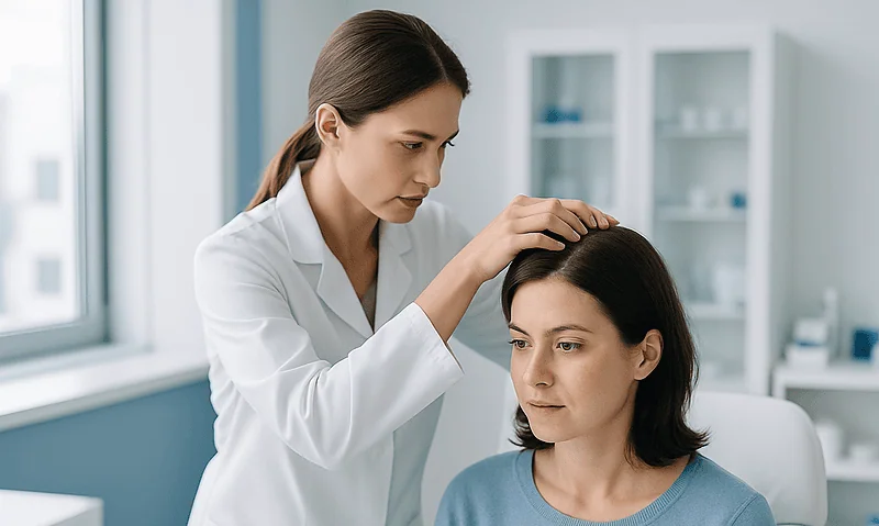 Doctor examining woman's scalp for hair transplant assessment.