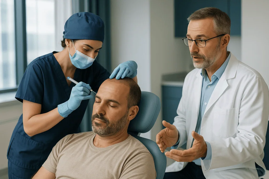 Doctor examining patient's scalp in clinical consultation: Sapphire hair transplant procedure steps at a glance