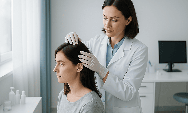 Doctor performing a hair examination on a patient in a clinical setting.