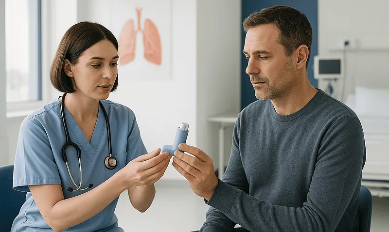 Doctor explaining inhaler use to a patient in a hospital room.